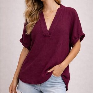 Dear John Burgundy Gauze Tunic Blouse M Slub Knit Lagenlook Coastal Boho Beach